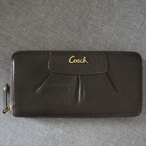 Coach Dark Brown Leather Zip Wallet